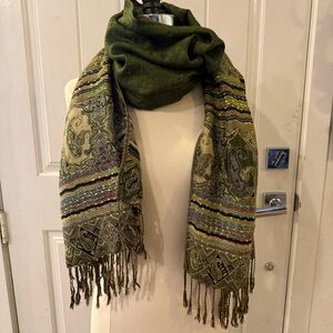 Pashmina Silk Scarf Wrap Shawl Fringe 28x67 Green Paisley Multicolored Boho Art